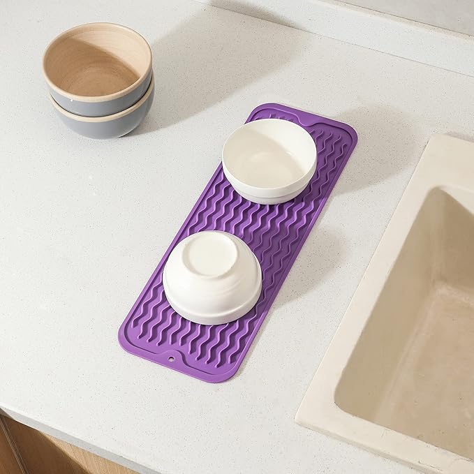Silicone Dish Drying Mat for Multiple Usage,Easy clean,Eco-friendly,Heat-resistant Silicone Mat for Kitchen Counter,Sink,Bar,Bottle,or Cup Purple M 17 inches x 6 inches