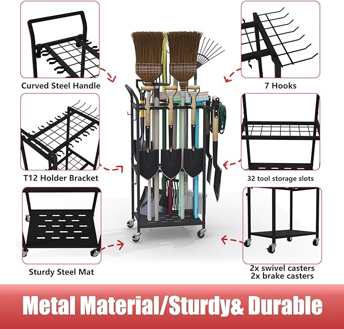 Garden Tool Organizer with Wheels, Heavy Duty Rolling Yard Tool Rack with 14 Hooks & 5 Slots, 3-Tier Metal Cart Holds 50+ Rakes/Shovels/Brooms, Mobile Lawn Storage for Garage Shed Outdoor