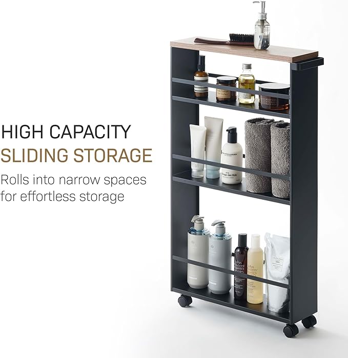 YAMAZAKI home Tower Rolling Slim Storage Cart With Handle Black