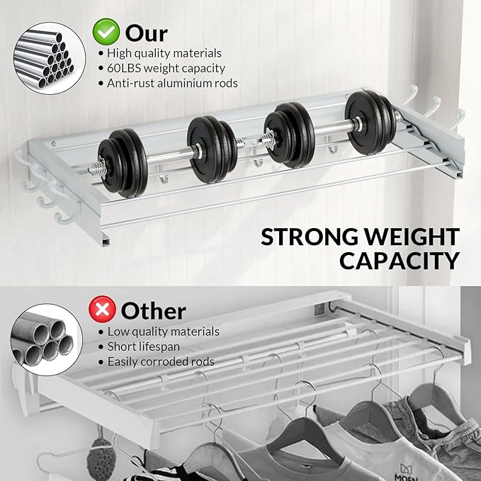 BAKON Wall Mounted Drying Rack, Indoor Outdoor Foldable Wall Mounted Clothes Drying Rack, Concealed Wall Drying Rack - Space Saving for Storage and Drying Clothes, 6 Hooks, 5 Poles (31.5"【Upgrade】)