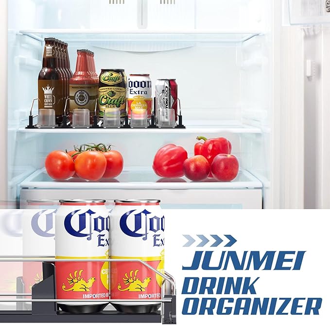 Drink Organizer for Fridge,12oz 16oz 20oz - Soda Can Dispenser for Refrigerator,Width Adjustable,Automatic Pusher Glide (Black, 15"D 6ROW, Holds 30 Cans)