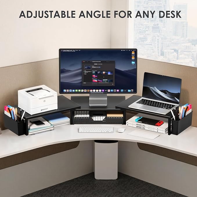 OPNICE Desk Organizers and Accessories, Dual Monitor Stand Riser with Drawer and 2 Pen Holders, Desk Shelf Metal Computer Racks for Office Workspace Organizers, Desktop Organization (Black)