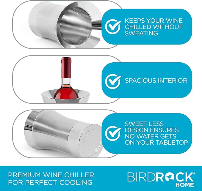 BirdRock Home Stainless-Steel Wine Chiller - Elegant Double Wall Bucket - Single Insulated Bottle Holder - Wine or Champagne Cooler for Table - Wine Accessories - Indoor or Outdoor - Silver