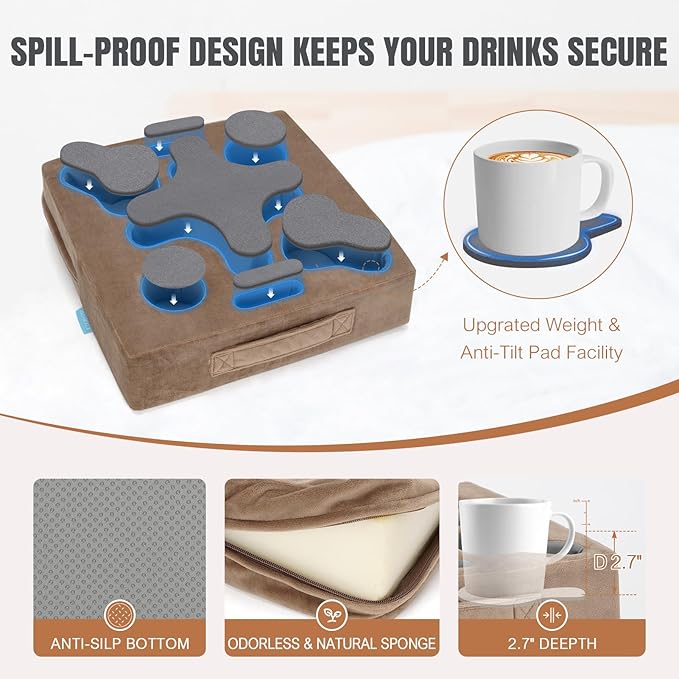 Couch Cup Holder-Sofa Cup Holder Pillow Tray Caddy Cupholder Hearted for Bed, Rv, Tv, Car, Man Cave, Backseat for Remote, Drinks, Snacks (Square-Lightbrown)