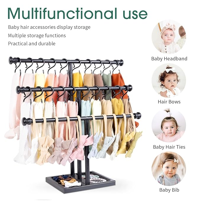 POVETIRE Headband Holder Stand Storage for Baby, 3 Tier Wooden Bow Organizer for Girls Hair Bows, Infant Hair Accessories Rack Display for Nursery Decor