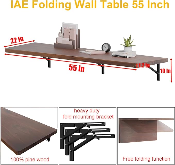 IAE Floating Wall Mounted Folding Table Desk with Pine Wood,55" x 22" Folding Workbench,Fold Down Wall Mounted Foldable Desk with Shelf Brackets,Laundry Table for Home,Dining,Office,Kitchen,Brown