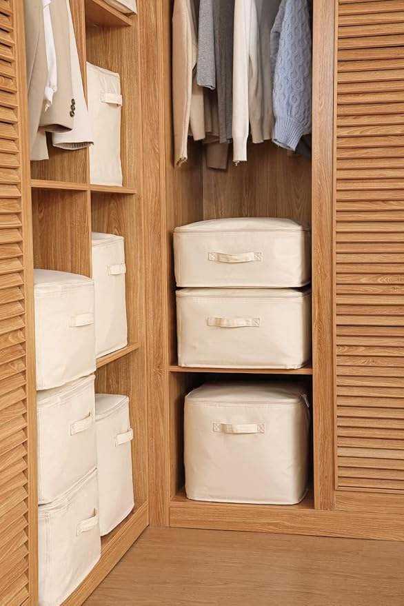 Decorative Basket Rectangular Fabric Storage Bin Organizer Basket with Handles for Clothes Storage (24 x 15.3 x 7, Beige)