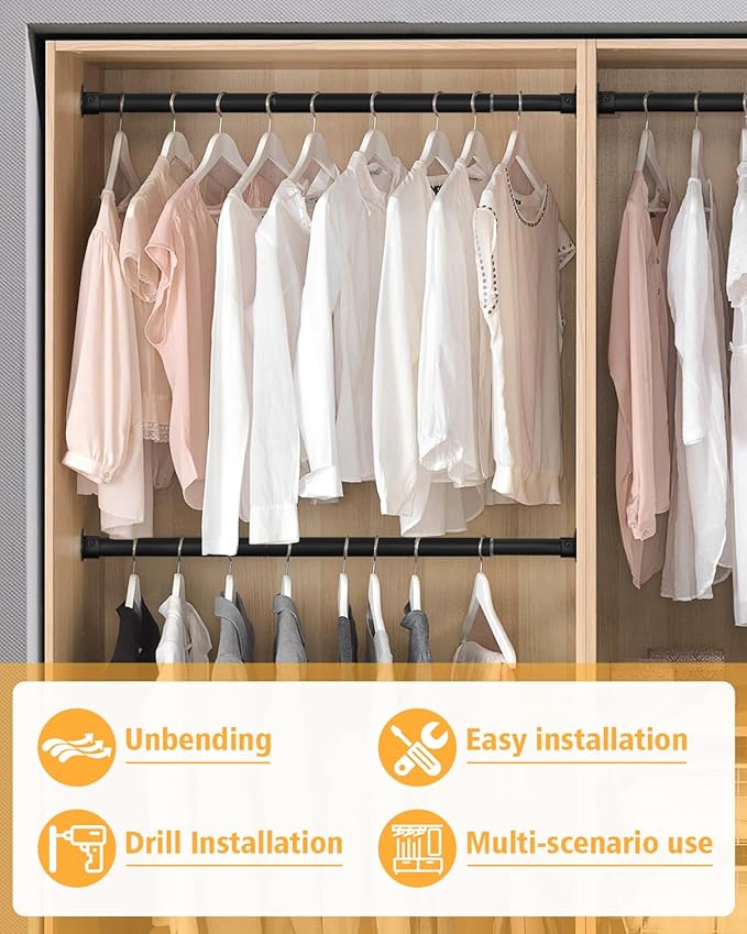 Closet Rod, 17 to 39 Inch Heavy Duty Adjustable Metal Clothing Rack for Hanging Clothes, Closet Poles for Wardrobes, Laundry, Durable Steel, Black
