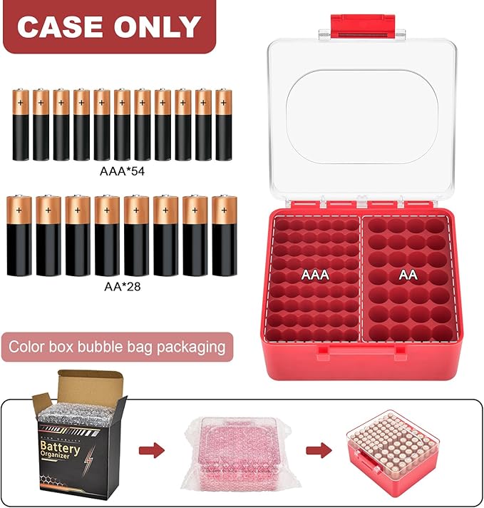 FULLCASE Battery Storage Organizer Box, Holder Container for 82 AA AAA Batteries, Plastic Home Batteries Variety Pack Protective Organization(Case Only) Red