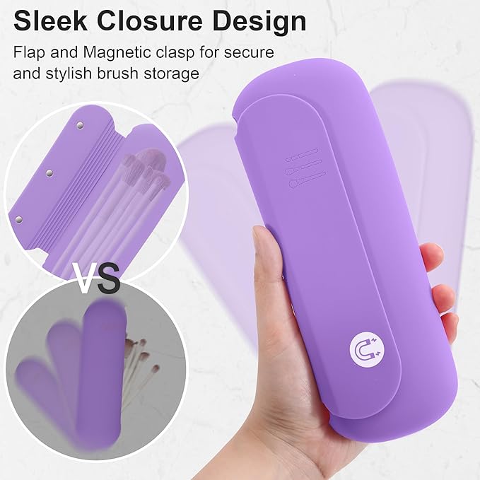 Silicone Travel Makeup Brush Holder for Women with Magnetic Closure and Built-in Brush Cleaner, Washable Cosmetic Organizer, Gift-Ready Pouch, Purple