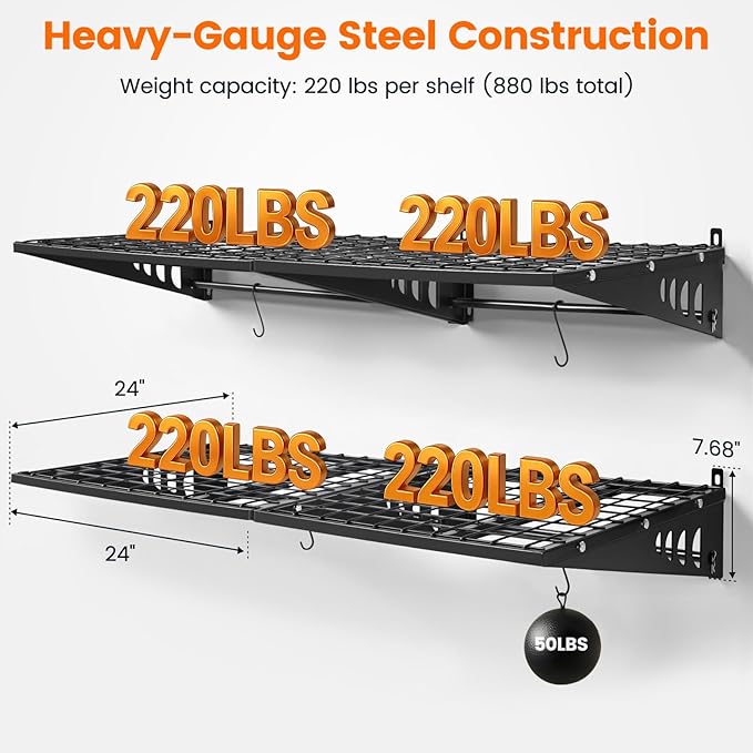 Garage Shelving 2x2ft 4-Pack, Garage Storage Rack 24"x24" Metal Shelves Black Wall Mounted with rods & 4 Hooks, Heavy Duty Wall Shelving Floating Shelves, 880lbs Total load Capacity