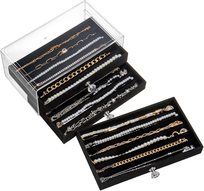 SPAKOWN Necklace Organizer Box, Velvet Necklace Box Holder Tray with Clear Lid Chains Showcase Stackable Necklace Storage for Pendant Bracelet (3 Drawers - Black)