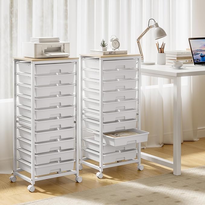 Rolling Cart with Drawers,10 Drawer Rolling Cart,Storage Cart with Wheels,Utility Cart with Drawers,Teacher Cart for Classroom Storage,Craft Cart with Wheels and Wooden Tabletop,White