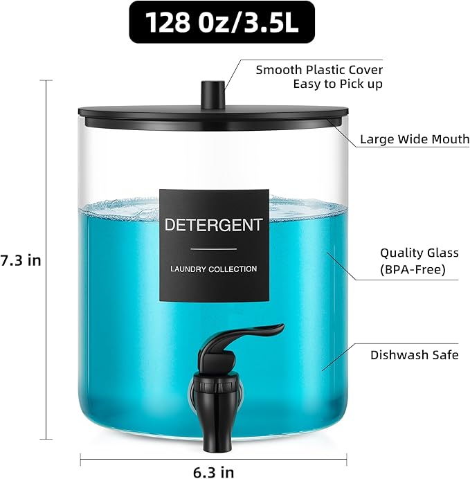 Glass Laundry Detergent Dispenser, 128 oz / 3.5L Fabric Softener Dispenser for Laundry Room Organization, Detergent Holder with Plastic Spigot (Black, 1 Pack)