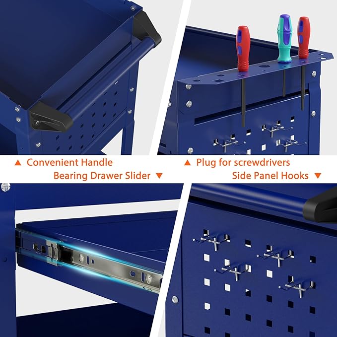 3 Tier Rolling Tool Cart with Drawers, Heavy Duty Utility Cart on Wheels, Large Storage Capability Service Cart for Garage, Warehouse and Repair Shop (Deep Blue)