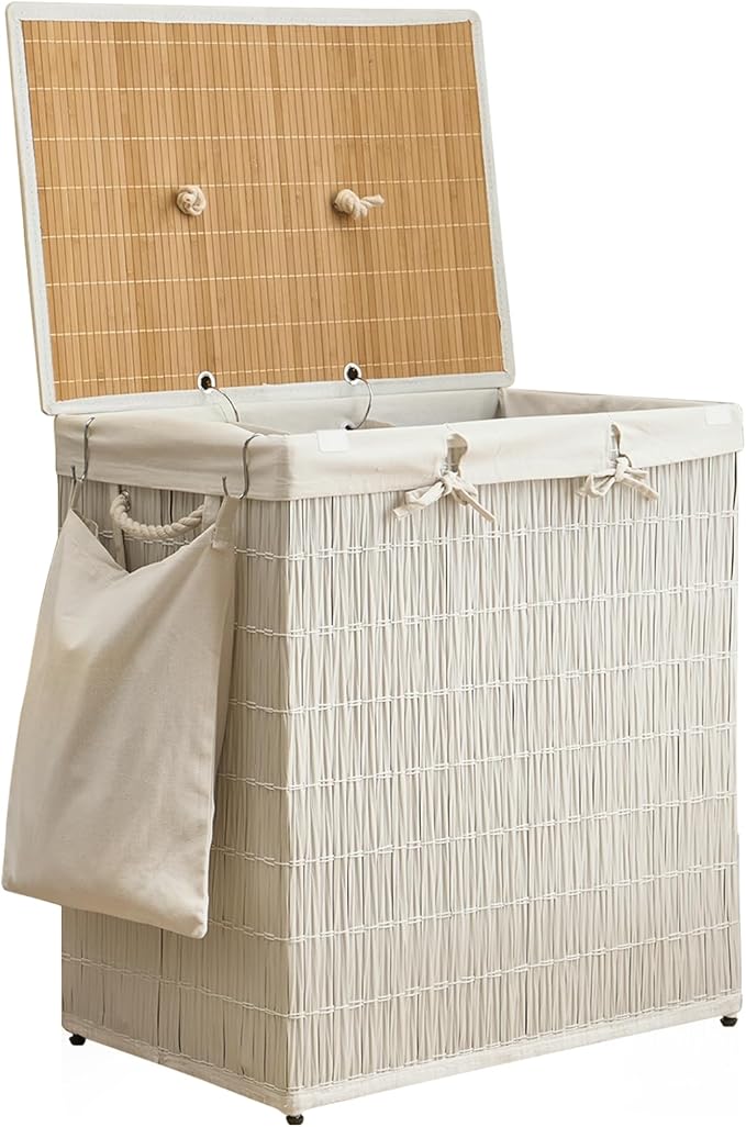 Laundry Hamper with Lid, 39.6 Gallon(150L) Large Laundry Basket 2 Removable Liner Bags, Synthetic Rattan Clothes Hamper with Side Pocket, laundry organization for bathroom, laundry room, White