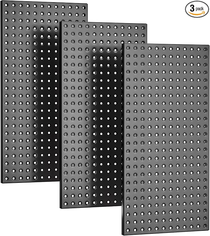 EVERHANGER Metal Pegboard Panels 24" x 12", Heavy Duty Steel Peg Boards for Garage, Pegboard Wall Organizer for Tool Storage and Organization, Black, 3 Pack