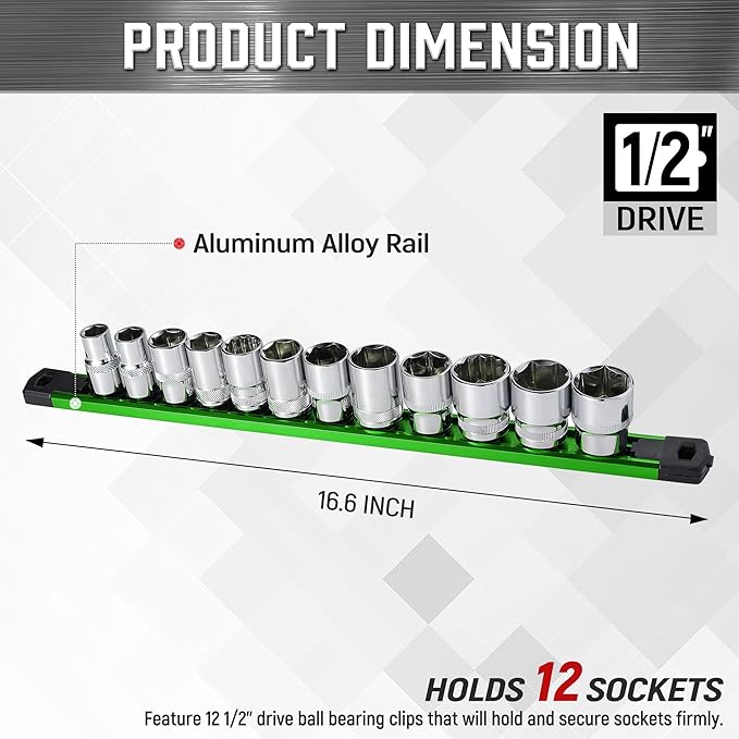 ALOANES 1/2-Inch Drive Magnetic Socket Organizer, Heavy Duty Aluminum Socket Rail Organizer, 360° Swivel Clips Socket Holder Kit for Tool Box, 1/2 Inch Socket Holder x 12 Clips (Green)