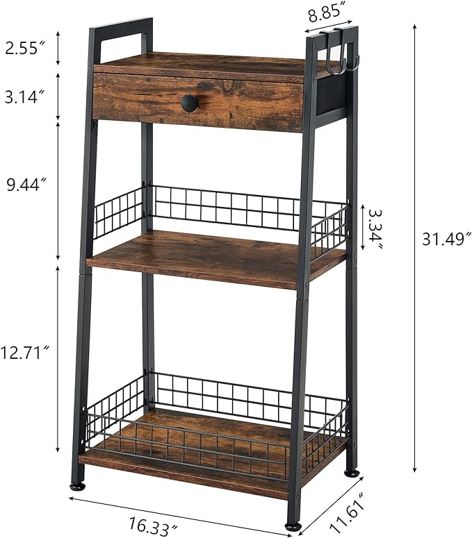 3-Tier Ladder Shelf with Drawer, Bathroom Stand Floor Storage Shelf, Freestanding Tower Shelf Ladder Table for Living Room, Bedroom -Rustic Brown