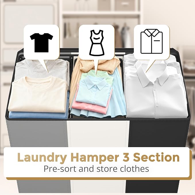 180L Laundry Hamper 3 Section, Large Laundry Basket with Lid, Laundry Basket Organizer with Handles, Divided Laundry Baskets, Clothes Hampers for Laundry, Bedroom, Bathroom