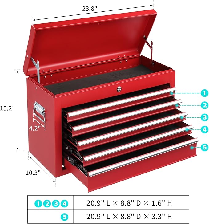 Metal Tool Box Organizer | Lockable Tool Chest | Toolbox with 5 Sliding Drawers | Large Tool Storage Box Organizer | Portable Toolchest with Keys for Garage Workshop and Tool Room | Red