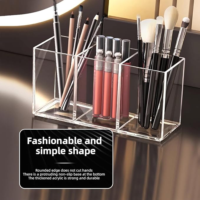 Acrylic Makeup Brush Holder, 2 Pack Clear Pencil Holder, Desk Accessories Holder with 3 Compartments, Brush Organizer for Vanity, Desk, Cosmetic Display