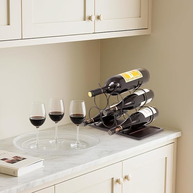 Countertop Wine Rack,Small Wine Rack and Wine Bottle Holder for 6 Bottles, Rustic Wood and Metal Freestanding Wine Organizer for Kitchen, Tabletop, or Bar