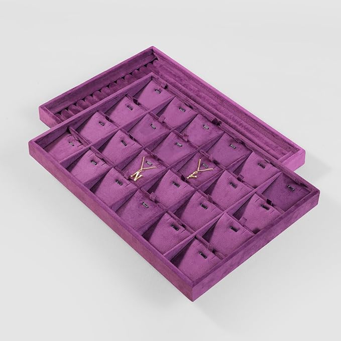 Velvet Necklace Display Tray, Stackable 24 Grid Insert Pendant Necklaces Storage Holder Plate, Jewelry Retail Countertop Organizer (Purple)