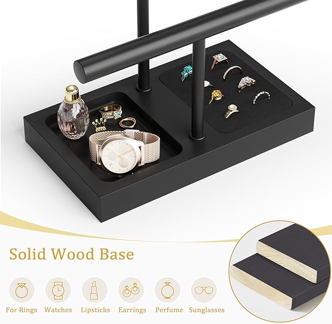 SZQINJI Jewelry Holder Organizers Bracelet Holder Display Stand, Solid Wood Base with 2 Tier Metal T-bar for Bracelet Wristband Bangle Watch Necklace Hanging, Black, Christmas Gift