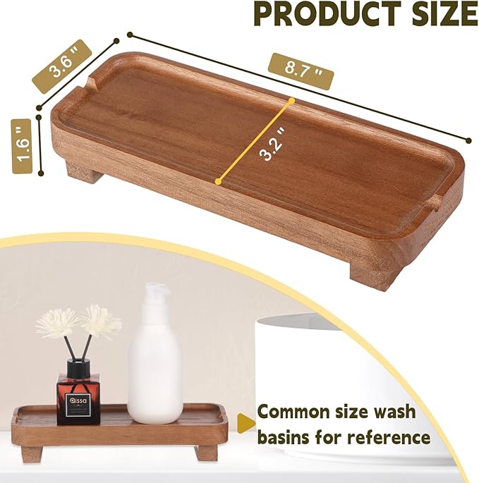 Wood Riser Small Decorative Tray Sink Soap Dish, Vanity Tray Pedestal Stand 8.7 x 3.6 inches (Light Brown)
