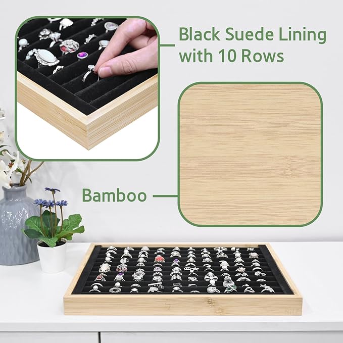 MOOCA 2 Pcs Bamboo Ring Display Tray Set with Black Suede Lining, Ring Organizer for Jewelry Storage and Display, Beige Color, 14W x 9.7D x 1.2H in