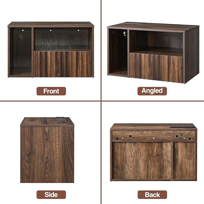 Modern Walnut Fluted Floating Nightstand with Charging Station, NightStand with Drawers, Bedside with USB Ports and Outlets, Bedroom Furniture (Left)