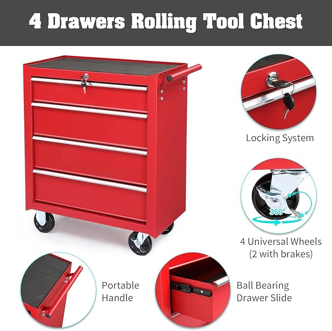 Metal Rolling Tool Box Organizer | Lockable Tool Chest with Wheels | Toolbox with 4 Sliding Drawers | Tool Storage Box Organizer for Garage Home Workshop & Tool Room | Red