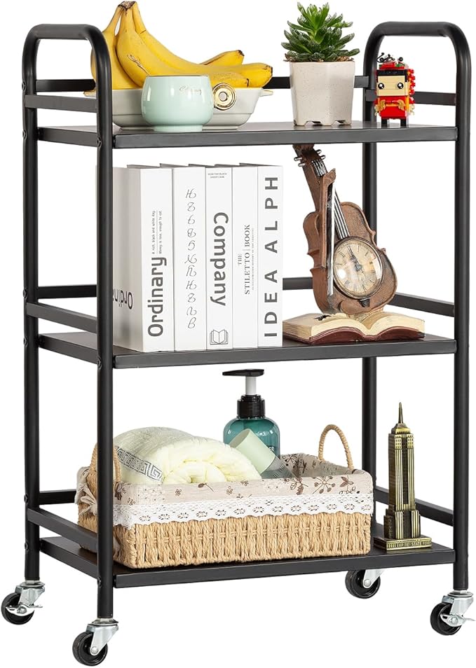 HDANI 3 Tier Rolling Cart Shelves,Heavy Duty Multifunctional Metal Frame-Supports 22 Lbs Per Tier,Rolling Cart with 2 Lockable Wheels for Home,Office,Kitchen,Bathroom,Bedroom,Black