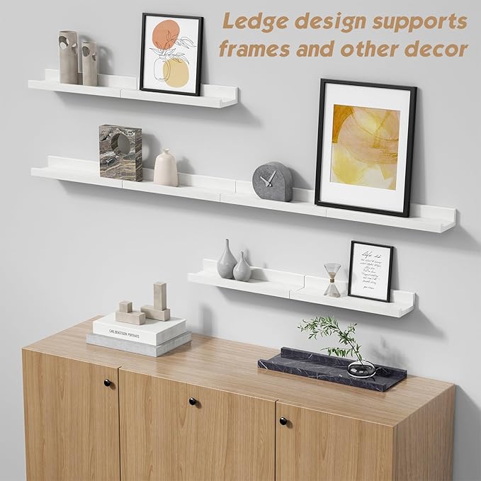 Forbena White Picture Ledge Shelf, Floating Shelves with Lip for Bedroom Books, Corner Nursery Book Shelves Wall Mounted for Small Spaces Office Baby Child Kids Room Art Decor (4-Pack, Real Wood)