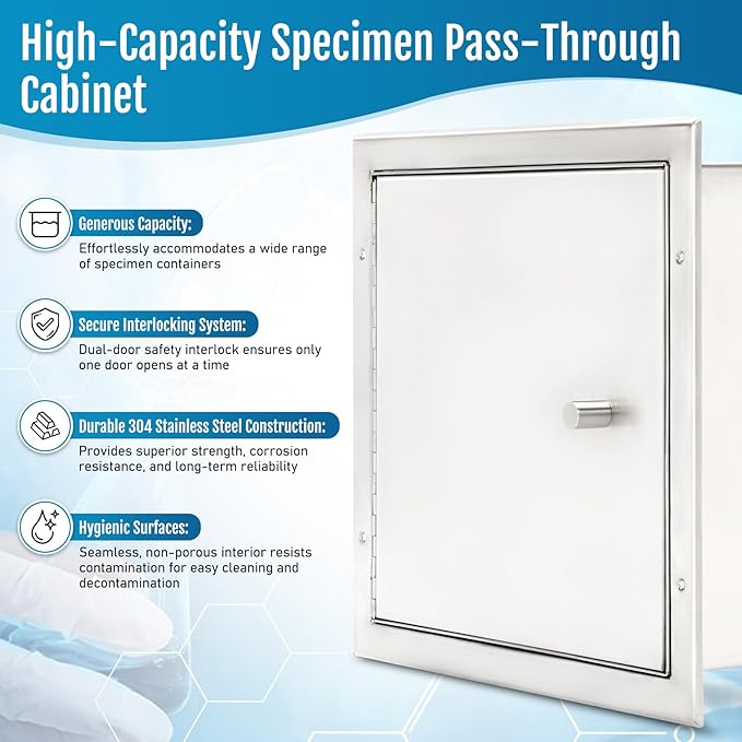Recessed Specimen Pass-Thru Cabinet, Stainless Steel Specimen Box with Pass Tray, Industrial Pass Through Specimen Cabinet with Dual Self-Closing Doors, 13.2" W x 12.7" H x 6" D, for Hospitals & Labs