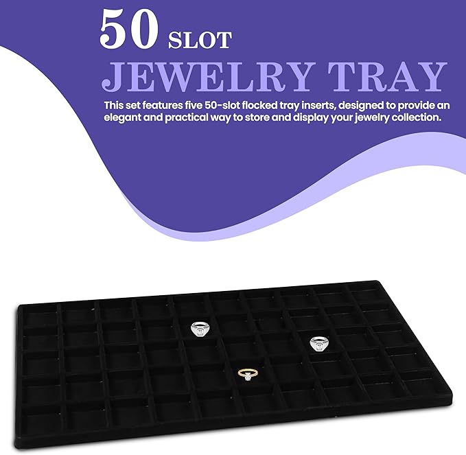 Novel Box 5 Pack 50-Slot Black Liner Jewelry Storage Tray Inserts 14.75x8.25x1 Inches - Jewelry Organizer Pad for Drawers & Store Displays - Jewelry Display Pads for Rings Earrings & Pendants