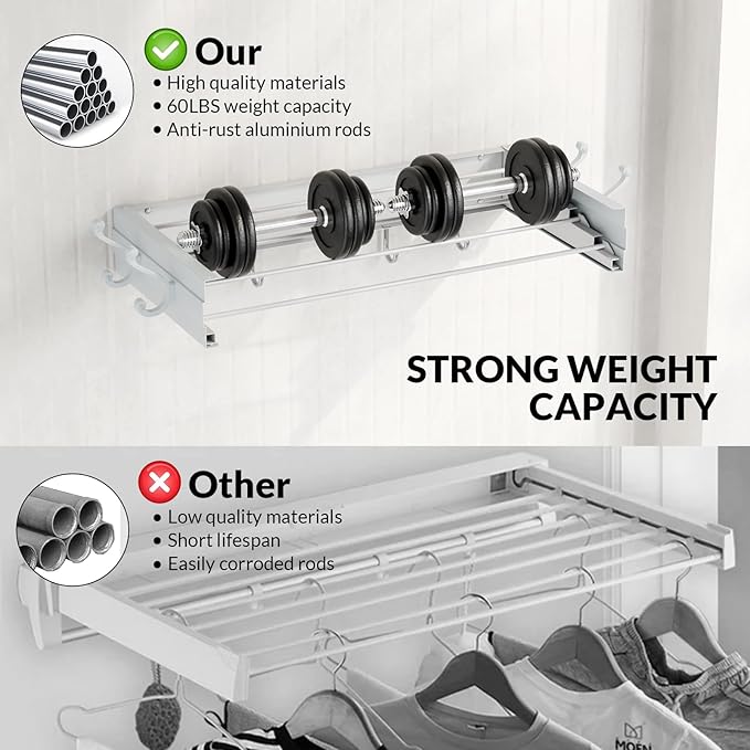 BAKON Wall Mounted Foldable Clothes Drying Rack - Indoor Outdoor Laundry Drying Rack with 4 Hooks & 4 Poles, Space Saving Concealed Design for Storage (23.6"【Upgrade】)