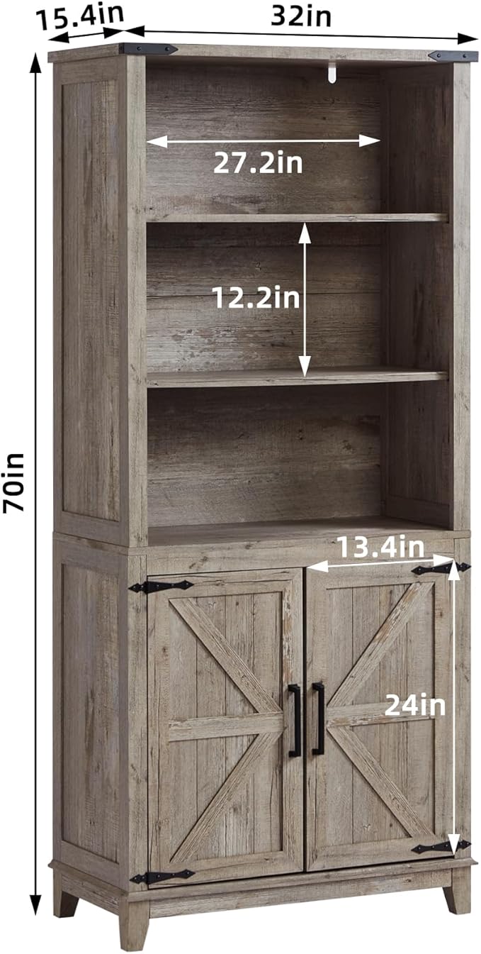 70in Tall Bookshelf 5 Tier Bookcase with Barn Doors and Adjustable Shelves, Grey Farmhouse Book Shelf with Storage Cabinet, Wood Freestanding Display Bookshelves for Bedroom, Kitchen (2 PCS)