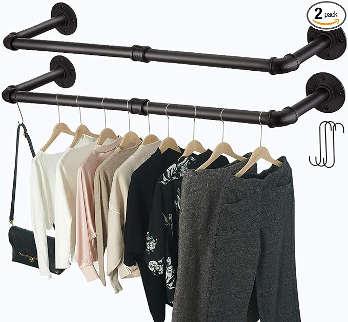 Industrial Pipe Clothes Rack with 3 S-Shaped Hooks, 36’'L Wall Mounted Garment Rack, Heavy Duty Iron Garment Bar, Clothes Hanging Rod Bar for Laundry Room, Max Load 135Lb Black (2 Package)
