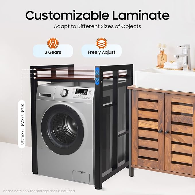 Washer Dryer Stacking Rack Stand, Heavy Duty Washer&Dryer Storage Shelves, Space Saver Stackable Storage Shelf for Laundry Room Apartments Bedrooms (Black, Teak Color)