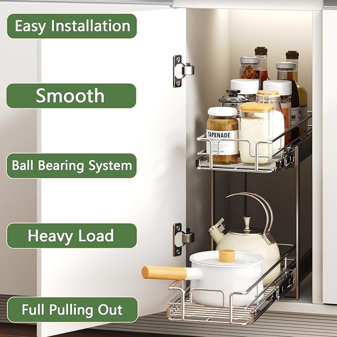 2 Tier Individual Pull Out Cabinet Organizer 9" W x 21½" D, Heavy Duty Cabinet Pull Out Shelves, Slide Out Drawers Organization for Kitchen Cabinets Bathroom