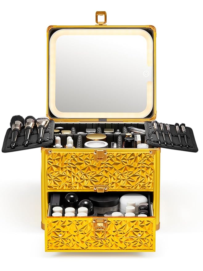 Qislee Makeup Box with Drawer and A Detachable Lighted Mirror, Waterproof Travel Train Case, Cosmetic Organizer and Makeup Suitcase with Adjustable Dividers, Magnetic LED Mirror (Luxury Gold)