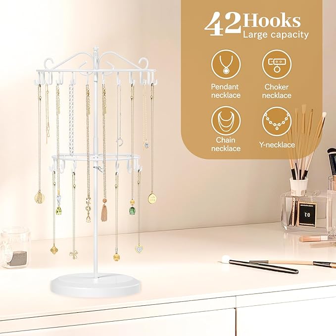 MODOWEY Rotating Necklace Holder Organizer Display Stand with 42 Hooks, 2 Tier Adjustable Metal Tree for Long Necklace Hanger Selling, Tall Spinning Bracelet Storage Rack for Men Women, White
