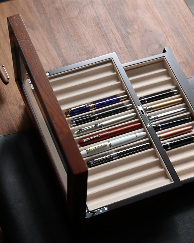 wood pen display case 24 slot Fountain pen Box storage Organizer with drawer, Top Glass Window Pen Collection Display Case