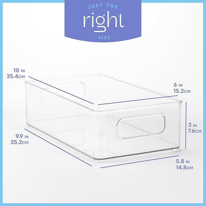primebox Plastic Food Storage 6 Pack Clear Container Bin with Handles for Organizing Kitchen, Pantry, Refrigerator, Freezer, Pantry, Cabinet, Closet, Bathroom. Stackable 10”x6”x3”