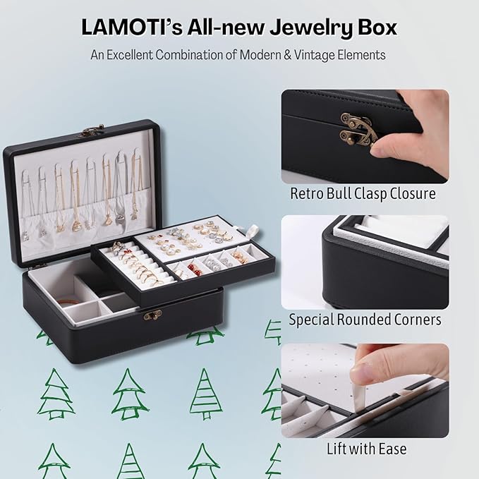 LAMOTI 2-Layer Jewelry Box for Women, Floating Effect Leather Jewelry Organizer with Detatchable Tray for Rings, Earrings, Necklaces & Bracelets (Black)