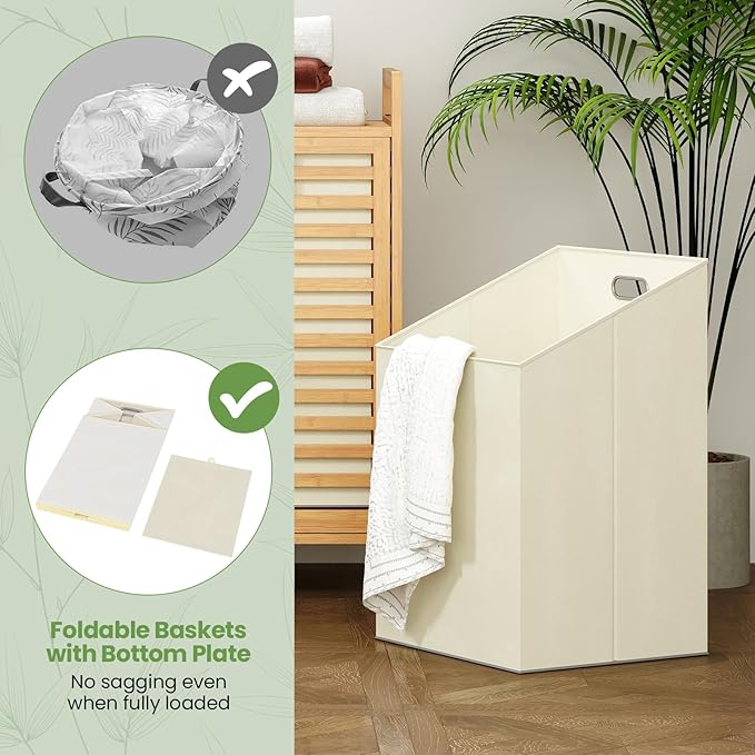 Giantex Tilt Out Laundry Hamper, 20 Gal Bamboo Laundry Storage Cabinet with 2 Removable & Foldable Fabric Bins, Top Shelf, Pull Out Laundry Basket Organizer for Bathroom, Living Room, Bedroom