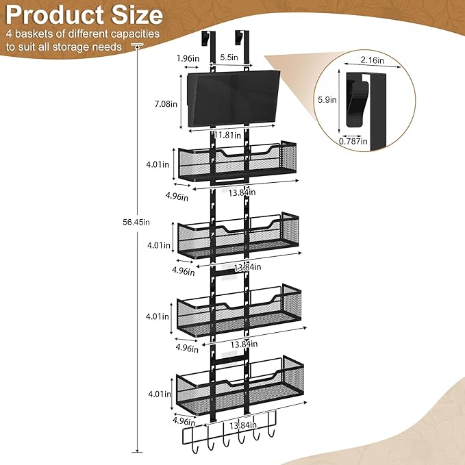 Adjustable Over the Door Pantry Organizer, 5-Tier Metal Pantry Door Organization and Storage, Hanging Door Spice Rack for Home Office Laundry Room Bathroom & Kitchen