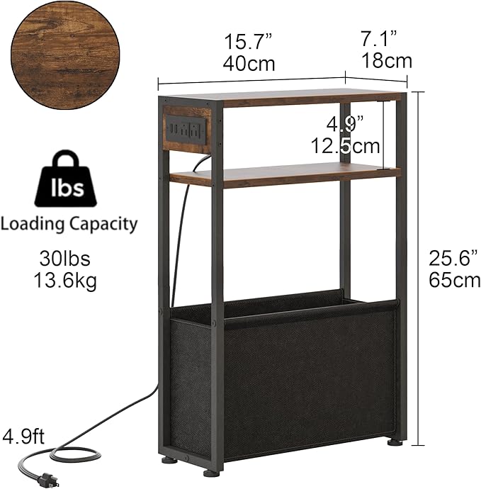 Narrow Side Table, Slim End Tables with Fabric Basket, Skinny Table for Small Spaces, Thin Bedside Table for Living Room, Bedroom (1, Rustic Brown - Outlet)